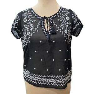 American Eagle Women's Black Sheer Boho Peasant Embroidered Blouse Size XS